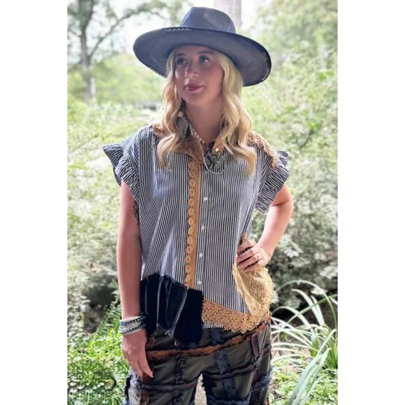 Jaded Gypsy Tops - Jaded Gypsy Love Letters Striped Short Sleeve Button Up Top Women's S/M Lace